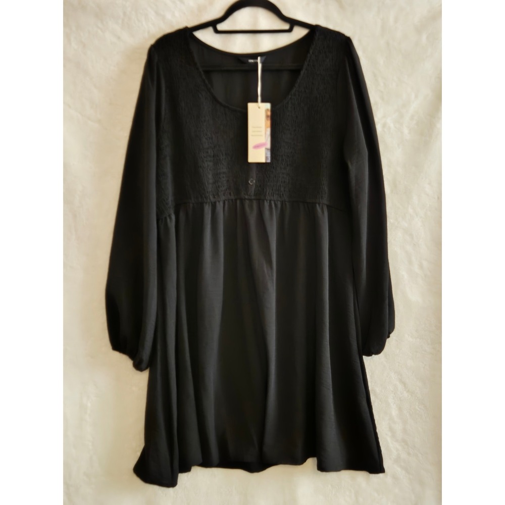 Dokotoo Women's XL Black Smocked Long Sleeve Mini Dress Scoop Neck Button Detail